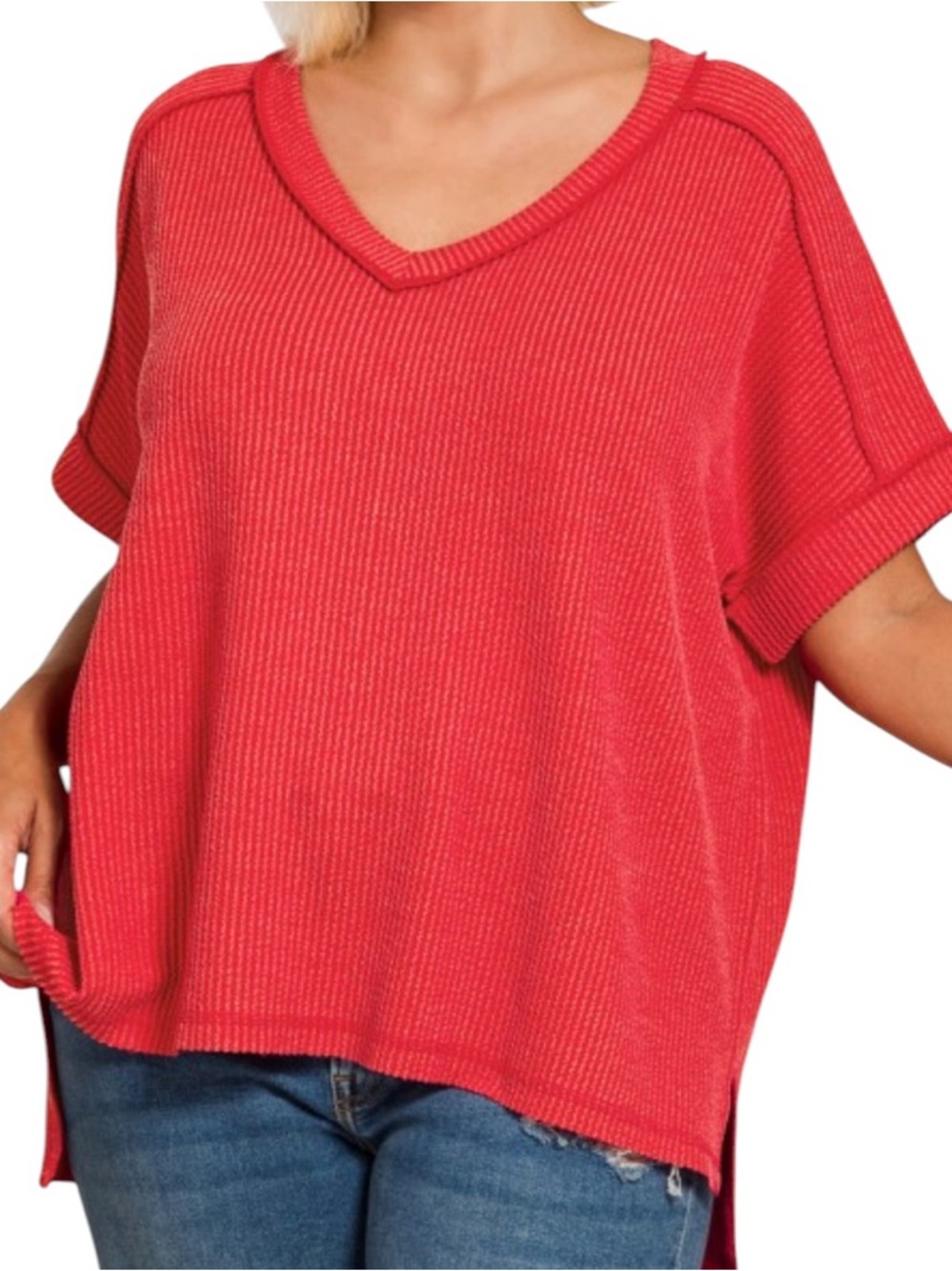 579. Plus Red Stretchy Ribbed V-Neck High-Low Short Sleeve Top NEW